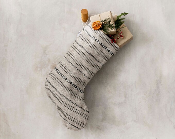 Amber Lewis Creator Collab - Christmas stockings, Neutral oatmeal colour with contrasting stripe pattern, Nordic Eclectic Christmas Holiday