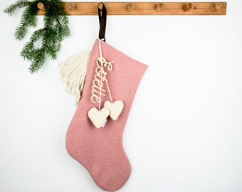 Christmas stocking with custom name tag with 2  hearts, Scandinavian stocking for your Christmas stocking gifts and stocking filler.