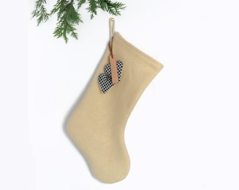 Wool Christmas Stocking with Personalized Leather Name Tag | Heart Stocking Accessories | Minimalist decor | Scandinavian stockings