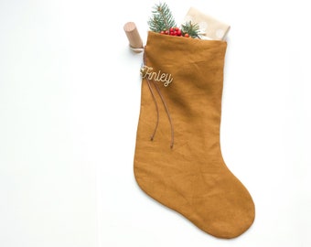 Linen Christmas Stocking, Natural Scandinavian Holiday decoration, Personalize your holiday sock with a custom tags