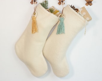 Neutral Christmas stockings with colourful tassel, customize with a personalized name tag