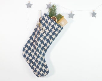 Christmas stocking with blue velvet checkered pattern, Scandinavian Nordic Christmas Decoration