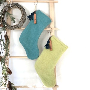 Wool Christmas Stocking with Custom Name Label Modern Scandinavian Holiday Nordic Farmhouse Stocking Sustainable Eco Material image 1