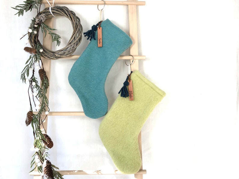 Wool Christmas Stocking with Custom Name Label Modern Scandinavian Holiday Nordic Farmhouse Stocking Sustainable Eco Material image 1