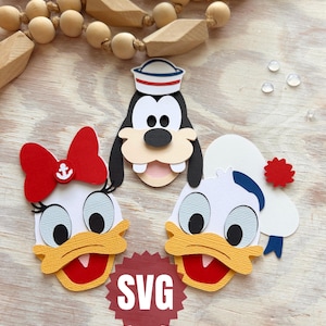 May include: Paper cutouts of cartoon characters, including Goofy in a sailor hat, Daisy Duck with a red bow, and Donald Duck with a sailor hat. The word "SVG" is in a red burst shape. The cutouts are on a light wood grain surface.