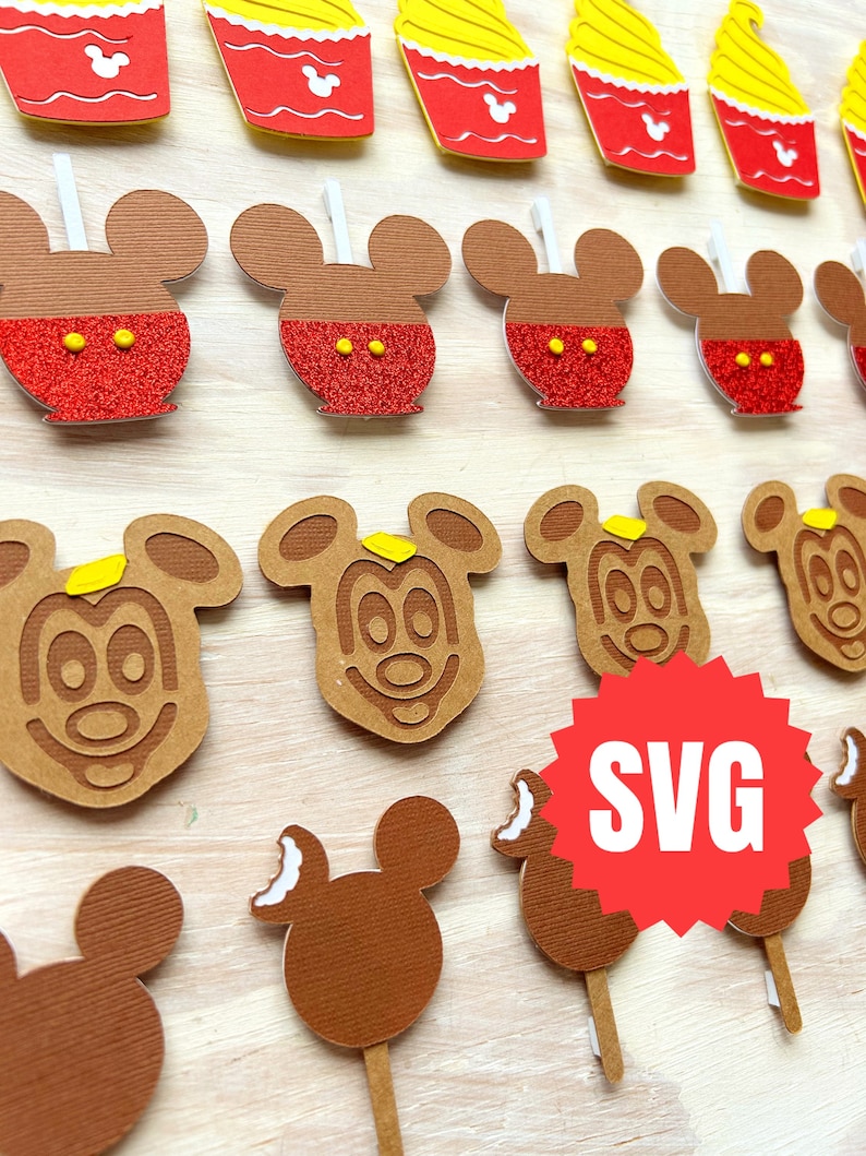 May include: A set of 12 printable SVG files featuring Mickey Mouse themed food items. The designs include Mickey Mouse shaped ice cream, apple, and cupcakes. The designs are perfect for creating party decorations or personalized gifts.