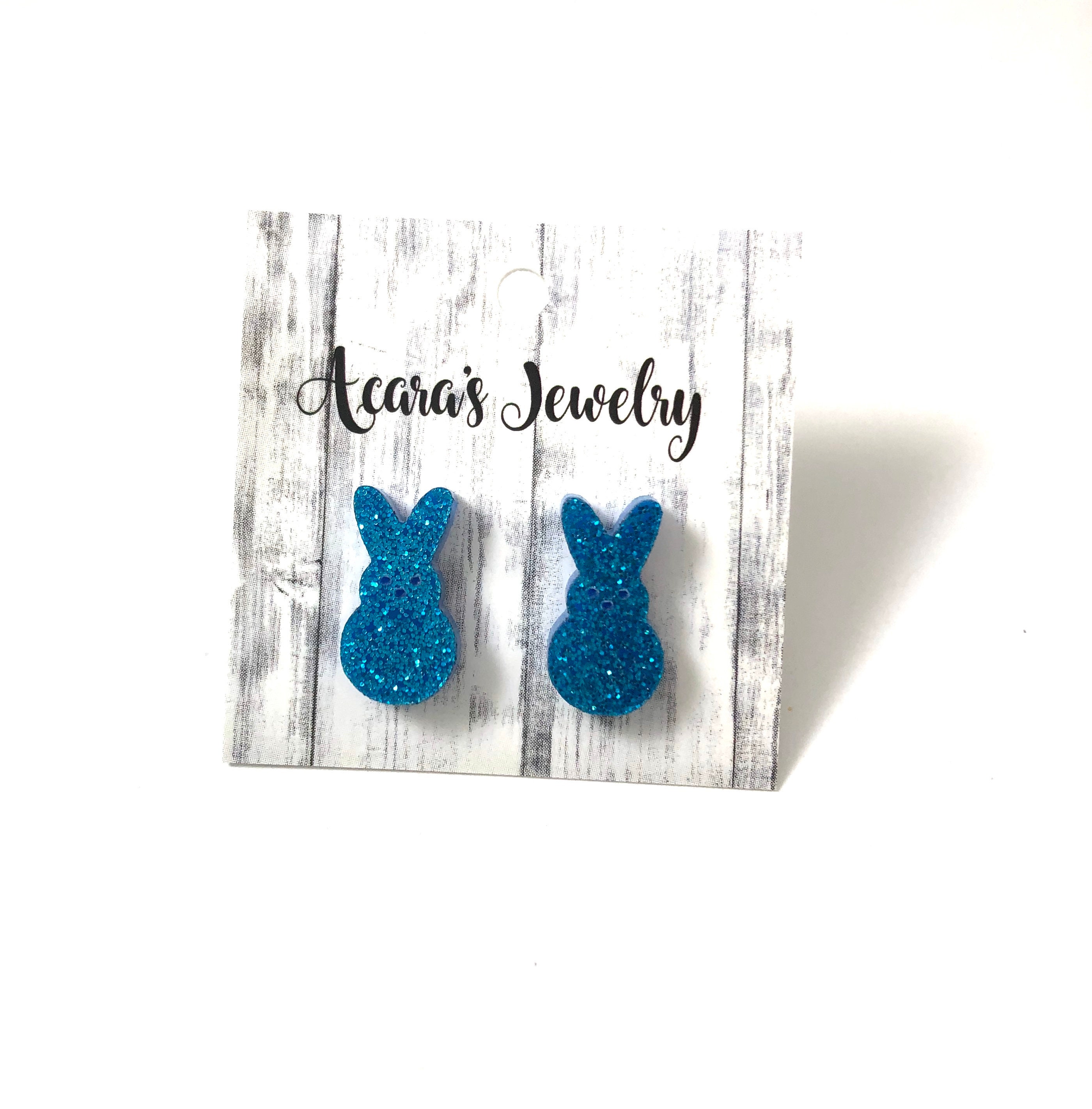 Blue Easter Bunny Sparkle Stud Earrings