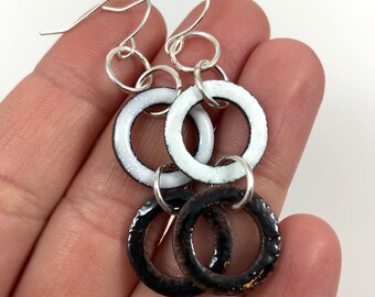 Pendientes de la lavadora de cobre blanco y negro, divertido, clásico, boho, esmaltado, cobre rústico, clásico, pendientes, geométrico, moderno, simple