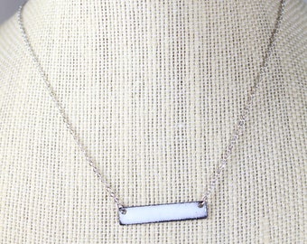 White bar necklace with silver chain, layering, Boho, copper, enamel, reversible