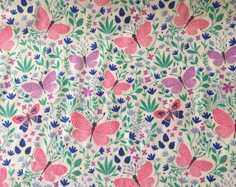 Rose & Hubble Butterflies and Flowers In Pink Blue Green 100% Cotton Poplin Fabric Free Postage