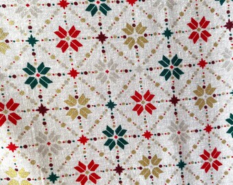 Christmas Xmas Ivory With Red Green Silver and Gold Foil Design 100% Cotton Fabric