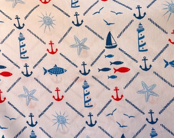 Craft Cotton Company Blue Red Sailor Nautical 100% Cotton Fabric Free Postage