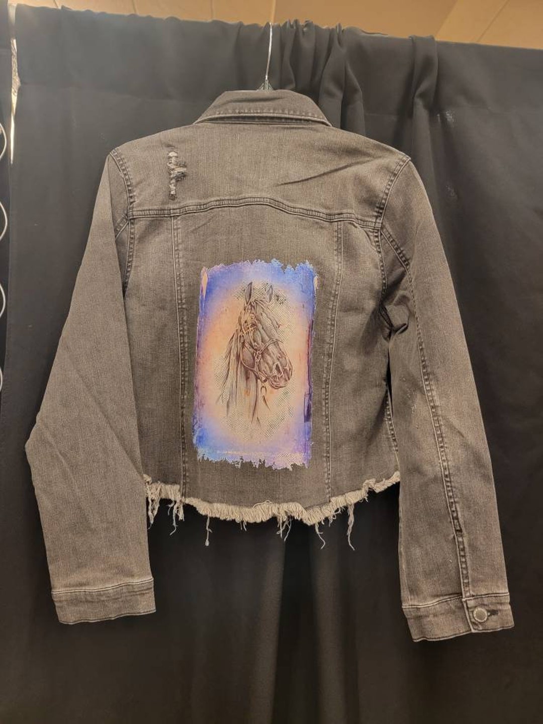 Charcoal Denim Jacket With Digital Horse Image Country Western Etsy