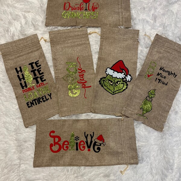 Grinch Holiday Wine Bags, Funny Wine Bags, Gift Bags, Wine Totes, Reusable Wine Bag, Christmas Wine Bag, Burlap grinch