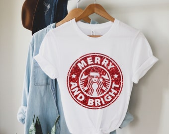 Merry and bright Starbucks shirt , Starbucks holiday shirt , Funny Christmas shirt , Glitter