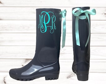 Mothers day gift , Personalized Gray Rubber Rain boots with bows , Mothers day gift , Rain boots , Monogram , Rubber Rain Boots , Boots