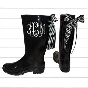 Monogrammed Black rain boots with bows , Rain Boots, Rubber rain boots, Boots, Mud Boots, Personalized Mud Boots image 1