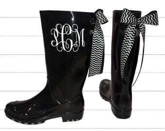 Monogrammed Black rain boots with bows , Rain Boots, Rubber rain boots, Boots, Mud Boots, Personalized Mud Boots