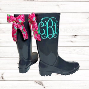 Monogrammed rain boots with Lilly Inspired bow , Rain boots , Mother's day gift , Monogram , Rubber Rain Boots