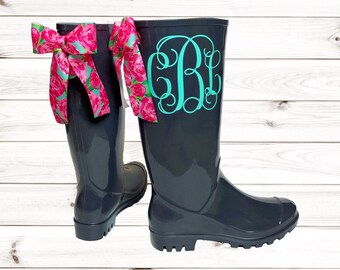 Monogrammed rain boots with Lilly Inspired bow , Rain boots , Mother's day gift , Monogram , Rubber Rain Boots