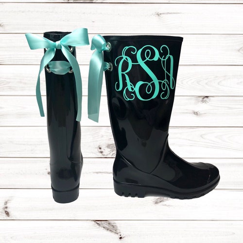 Mothers Day Gift , Rain Boots with Monogram and Bows , Black Rain Boots , Monogram , Rainboots , Boots, Mud Boots , Personalized Mud Boots