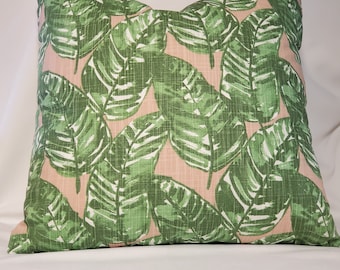Green Leaves Pillow Cover- Sun Room Decor- Island Vibe- Tropical- Green Pink- Pillow Cover with Invisible Zipper- Throw Pillow- 18"X18"-
