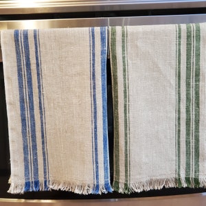 Fringed Linen Tea Towel- Natural Striped Tea Towels- Farmhouse Decor- Eco Friendly- Blue, Green, Black or White Stipes- OekoTex Certified