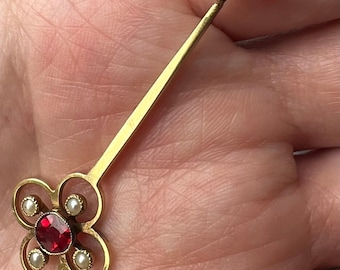 Edwardianische Halskette aus 15-karätigem Gold mit vierblättrigem Granat-Saatperlenmuster