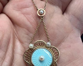Antique Edwardian gold and light blue guilloche enamel pendant necklace gold chain