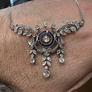 Authentic Antique La Belle Époque old mine cut diamond sapphire target platinum necklace pendant on 18k gold chain wedding bride lavalier