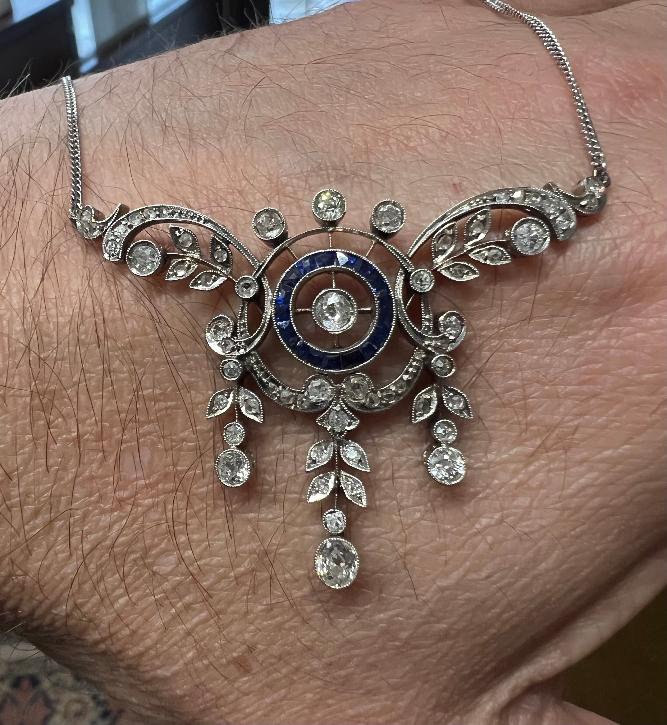 Authentic Antique La Belle Époque old mine cut diamond sapphire target platinum necklace pendant on 18k gold chain wedding bride lavalier