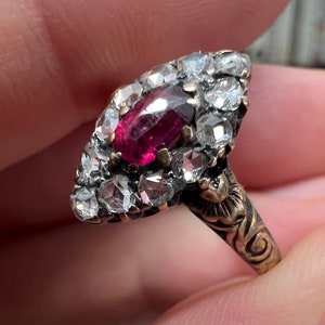 Georgian high ct carat gold old rose cut diamond ruby Navette up and down finger cocktail ring antique 1800s old mine