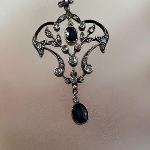 Antique Belle Époque diamond platinum sapphire necklace pendant chain wedding bride lavalier art nouveau