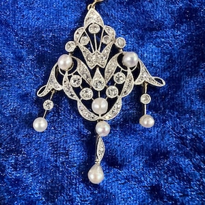 Antique Belle Époque diamond 18k ct carat yellow white gold natural pearl necklace pendant chain wedding bride lavalier art deco sparkly