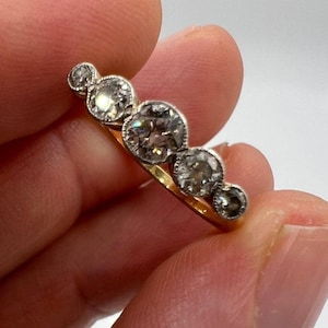 Five Stone Art Deco Graduating Old OEC Cut Diamond Ring Millegrain Bezel Set in 18ct Yellow Gold