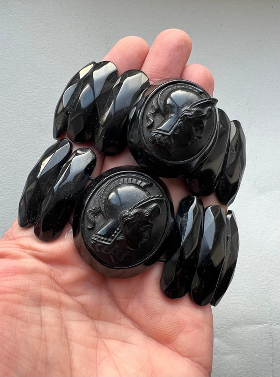 Whitby jet pair Antique Victorian cameo bracelets… - image 2