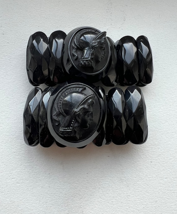 Whitby jet pair Antique Victorian cameo bracelets… - image 1