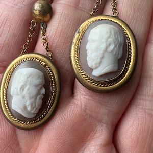 Rare Victorian or Georgian cameo earrings drops  antique and very rare male faces pair shell cameos regency earrings memorial mourning