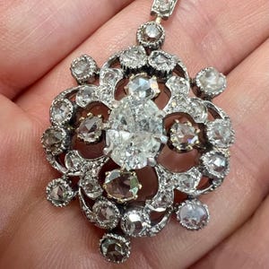 Centre diamond 1.5ct+ Antique Victorian 18k ct carat gold rose old mine and brilliant cut diamond pendant necklace lavalier wedding prom