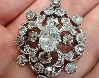Centre diamond 1.5ct+ Antique Victorian 18k ct carat gold rose old mine and brilliant cut diamond pendant necklace lavalier wedding prom