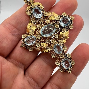 William IV Aquamarine 15ct k multi colour Gold Cross cruciform Georgian Brooch Pendant antique jewellery