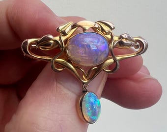 Gold Arts & Crafts Opal Brooch Pendant
