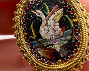 Antique Micromosaic Swan Bird Brooch Pin in Gold Cannetille Frame in Style of Carlo Giuliano