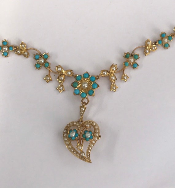 Antique turquoise pearl 15 k ct carat gold statem… - image 2
