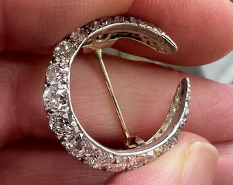 Edwardian early 20th C Old Cut Diamond Crescent Brooch Gold and Platinum Old mine stones estate diamond pin