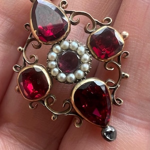 Georgian Flat Garnet Pearl Rose Cut Diamond Gold Pendant Necklace Lavalier Regency English Jewellery