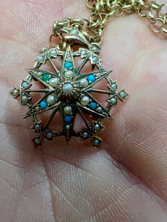 Includes gold chain Antique turquoise pearl 9k ct… - image 2