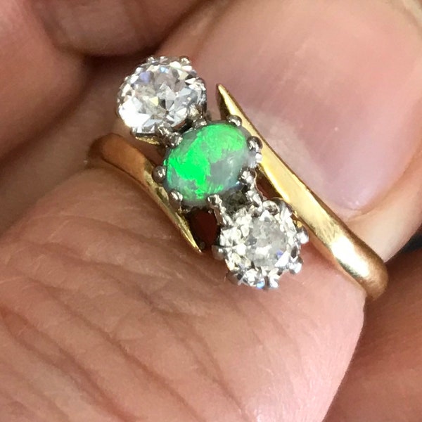 18k carat gold victorian or Edwardian Antique solid opal diamond 3 three stone trilogy cocktail ring