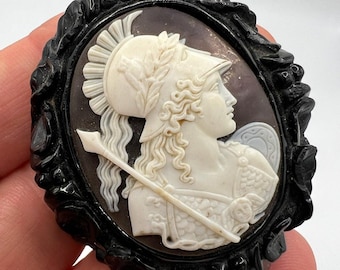 Fabulous Victorian Cameo Brooch Pin With Whitby Jet Frame Depicting Athena
