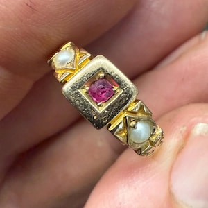 15ct gold 1893 antique ruby pearl ring Chester hallmarks 15k carat Victorian size N